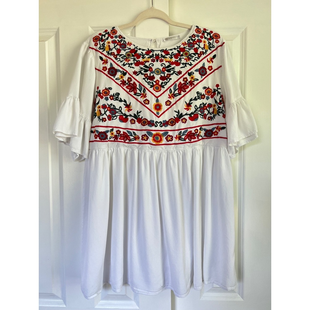 Kirundo White Floral Embroidered Boho Ruffle Bell Sleeve Babydoll Dress Size XL